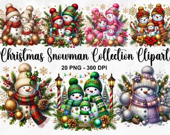 Watercolor Christmas Snowman Collection Clipart, 20 PNG Christmas Clipart, Snowman Family Clipart, Cute Snowman Clipart, Commercial Use