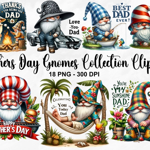 Watercolor Fathers Day Gnomes Collection Clipart, 18 PNG Garden Gnome Clipart, Camping Gnome, Fantasy Clipart, Gnomes PNG, Commercial Use