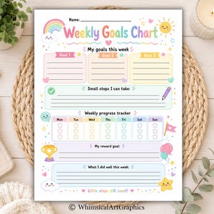 May include: A Weekly Goals Chart printable featuring pastel colors, a rainbow, a sun, and stars. The document includes sections for goals, small steps, a progress tracker with star icons for each day of the week, a reward goal, and a reflection area.