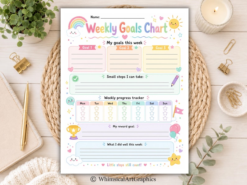May include: A Weekly Goals Chart printable featuring pastel colors, a rainbow, a sun, and stars. The document includes sections for goals, small steps, a progress tracker with star icons for each day of the week, a reward goal, and a reflection area.