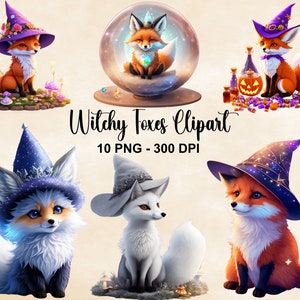 Sorcières renards Clipart, 10 PNG Clipart sorcière renard, renard coiffé d'un chapeau de sorcière, renard fantastique Bundle, renard mignon PNG, Clipart fantastique, usage Commercial