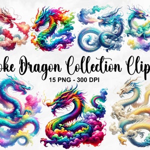 水彩スモークドラゴンコレクションクリップアート、15 PNGファンタジードラゴンクリップアート、エーテルスモークドラゴンPNG、神秘的なドラゴンアート、商用利用