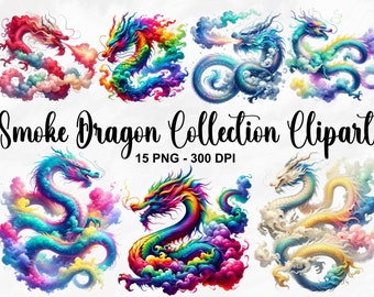 Watercolor Smoke Dragon Collection Clipart, 15 PNG Fantasy Dragon Clipart, Ethereal Smoke Dragon PNG, Mystical Dragon Art, Commercial Use