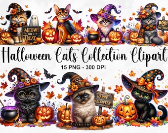 Watercolor Halloween Cats Collection Clipart, 15 PNG Halloween Clipart, Cute Halloween Animals Clipart, Animal PNG Bundle, Commercial Use