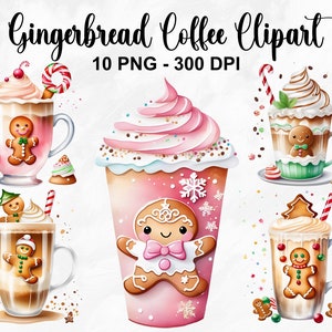 Imágenes prediseñadas de café de pan de jengibre de acuarela, 10 imágenes prediseñadas de café con leche de jengibre PNG, café de Navidad, imágenes prediseñadas de café de pan de jengibre rosa, uso comercial
