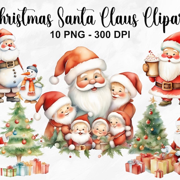 Watercolor Santa Claus Clipart, 10 PNG Christmas Santa Claus Clip Art, Christmas PNG, Holiday Clipart, Festive Clipart, Commercial Use