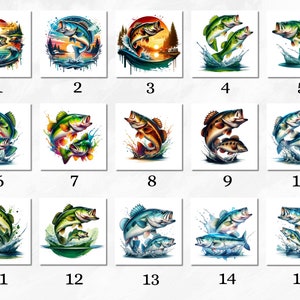 May include: A set of 15 digital illustrations featuring watercolor-style images of bass fish jumping out of the water. The fish are depicted in various poses and colors, with some featuring a sunset background.