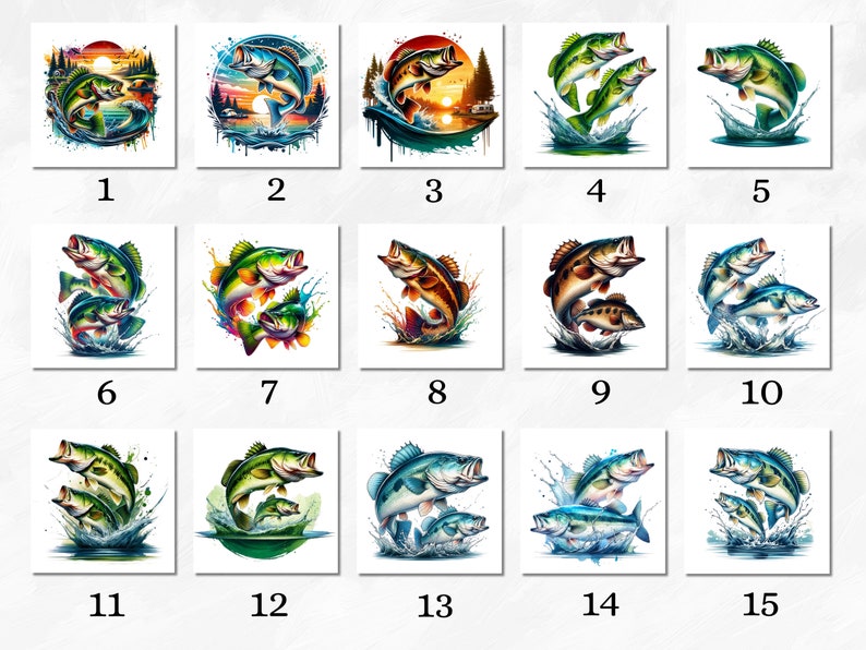 May include: A set of 15 digital illustrations featuring watercolor-style images of bass fish jumping out of the water. The fish are depicted in various poses and colors, with some featuring a sunset background.