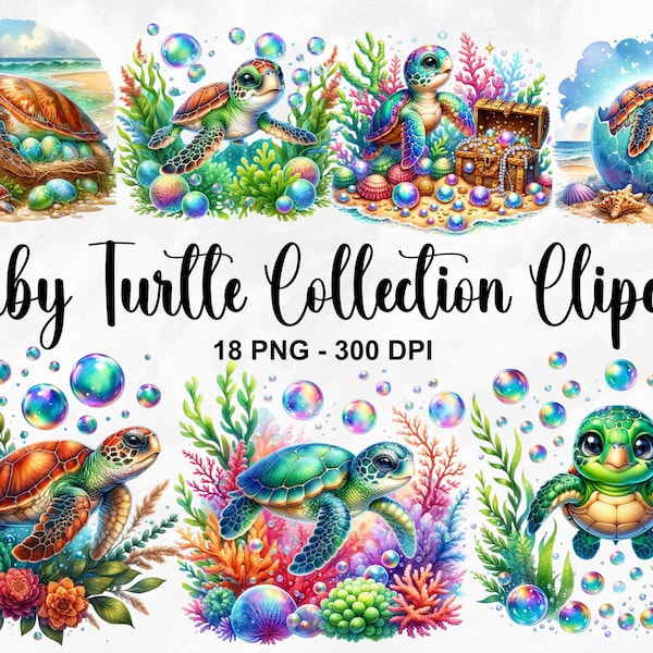 Watercolor Baby Turtle Collection Clipart, 18 PNG Sea Turtle Clipart, Baby Turtle PNG, Turtle Clipart, Baby Sea Turtle PNG, Commercial Use