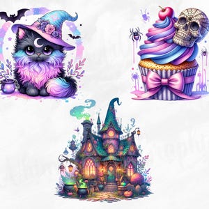 K&ouml;nnte beinhalten: Ein Set aus drei digitalen Illustrationen zum Thema Halloween. Das erste Bild zeigt eine lila und schwarze Katze, die einen Hexenhut tr&auml;gt. Das zweite Bild zeigt einen Cupcake mit einem Sch&auml;del darauf. Das dritte Bild zeigt ein gr&uuml;nes und lilafarbenes Spukhaus.