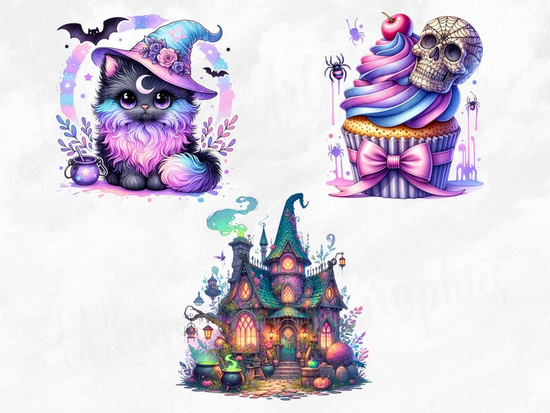K&ouml;nnte beinhalten: Ein Set aus drei digitalen Illustrationen zum Thema Halloween. Das erste Bild zeigt eine lila und schwarze Katze, die einen Hexenhut tr&auml;gt. Das zweite Bild zeigt einen Cupcake mit einem Sch&auml;del darauf. Das dritte Bild zeigt ein gr&uuml;nes und lilafarbenes Spukhaus.