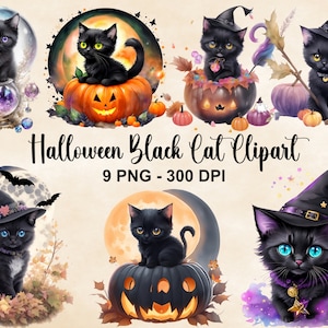 Aquarel Halloween Black Cat Clipart, 9 PNG aquarel Witchy Black Cat Clipart, Fantasy Black Cat Bundel, Magic Clipart, Commercieel Gebruik