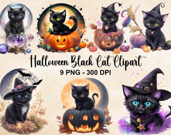 Watercolor Halloween Black Cat Clipart, 9 PNG Watercolor Witchy Black Cat Clipart, Fantasy Black Cat Bundle, Magic Clipart, Commercial Use