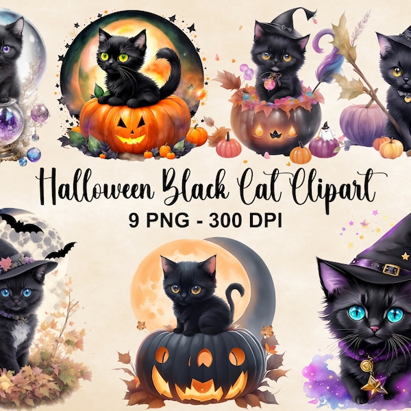 Watercolor Halloween Black Cat Clipart, 9 PNG Watercolor Witchy Black Cat Clipart, Fantasy Black Cat Bundle, Magic Clipart, Commercial Use