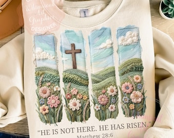 Er ist auferstanden Garn häkeln PNG, Faux gestricktes Wildblumen Ostern Design, Boho Brushstroke Christian Jesus Sublimation, kommerzielle Nutzung