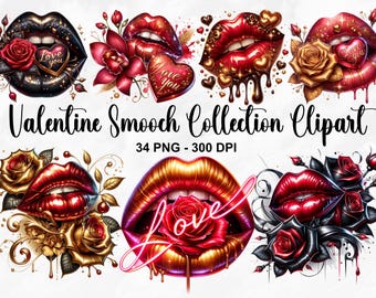 Watercolor Valentine Smooch Collection Clipart, 34 PNG Valentines Clipart, Valentines Day PNG Clipart Bundle, Valentine PNG, Commercial Use