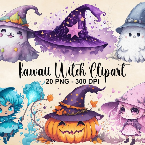 Watercolor Kawaii Witch Clipart, 20 PNG Watercolor Witch Clipart, Fantasy Witch Bundle, Witch Graphics PNG, Instant Download, Commercial Use