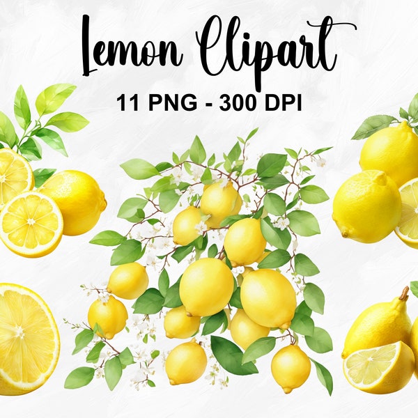 Watercolor Lemon Clipart, 11 PNG Lemons Clipart, Fruit Clipart, Citrus Fruit Graphics, Lemon PNG, Digital PNG Lemon Set, Commercial Use