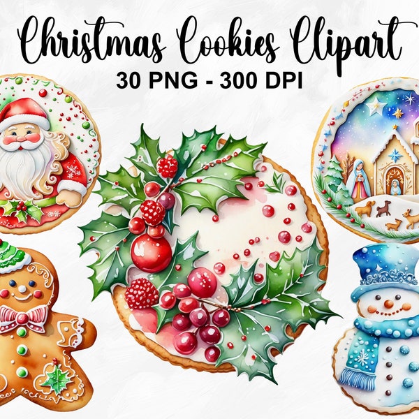 Watercolor Christmas Cookies Clipart, 30 PNG Christmas Cookies Clipart, Winter Clipart, Christmas Clipart, Holiday Clipart, Commercial Use