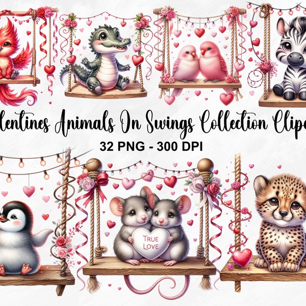 Valentines Animals On Swings Collection Clipart, 32 PNG Valentines Day Clipart, Romantic Animal PNG, Valentines Day Bundle, Commercial Use