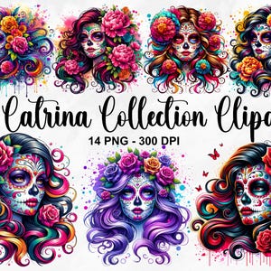 Aquarelle La Catrina Collection Clipart, 14 PNG le jour des morts des cliparts, des cliparts Dia De Los Muertos, le jour des morts PNG, usage Commercial