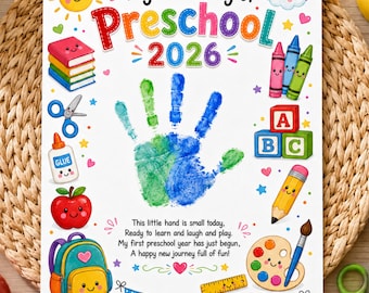 Arte con huellas de manos para el primer día de preescolar 2026, poema con huellas de manos para el regreso a clases, plantilla imprimible para el primer día, actividad para el aula en casa