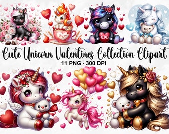 May include: A collection of 11 digital clipart images featuring cute unicorns in various poses. The unicorns are holding hearts, balloons, and teddy bears. The images are perfect for Valentine's Day crafts and projects.