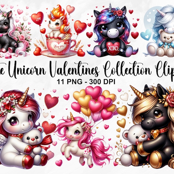 Watercolor Cute Unicorn Valentines Collection Clipart, 11 PNG Valentines Day Clipart, Cute Unicorn Clipart, Magic Unicorn, Commercial Use