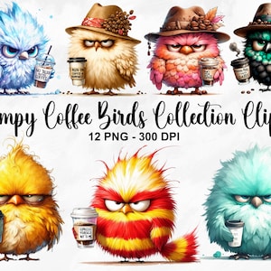 Watercolor Grumpy Coffee Birds Collection Clipart, 12 PNG Grumpy Birds Clipart, Funny Grumpy Animals Clipart, Fluffy Birds, Commercial Use