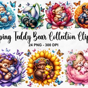 Aquarell schlafender Teddybär Clipart, 24 PNG Frühling Teddybär Clipart, blauer Teddybär Clipart, rosa Teddybär PNG, kommerzielle Nutzung