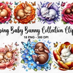 Aquarell schlafendes Baby Häschen Clipart, 18 PNG Häschen Grafiken Clipart, Häschen und Blumen bündeln, Häschen-Kinderzimmer-Druck, kommerzielle Nutzung