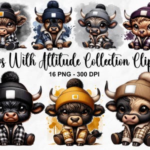 Colección de imágenes prediseñadas de vacas de acuarela con actitud, 16 imágenes prediseñadas de vacas de las tierras altas lindas PNG, arte de animales de granja, linda vaca de las tierras altas PNG, uso comercial