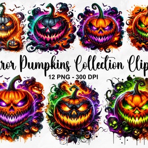 Watercolor Horror Pumpkins Collection Clipart, 12 PNG Pumpkin Clipart, Halloween Clipart, Spooky Clipart Bundle, Pumpkin PNG, Commercial Use