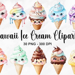 Aquarel kawaii ijs clipart, 30 PNG ijs clipart, kawaii zomer PNG, kawaii illustraties, Rainbow ijs clipart, commercieel gebruik