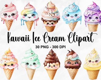 Watercolor Kawaii Ice Cream Clipart, 30 PNG Ice Cream Clipart, Kawaii Summer PNG, Kawaii Clip Art, Rainbow Ice Cream Clipart, Commercial Use