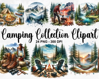 Watercolor Camping Collection Clipart, 24 PNG Mountain Landscape Clipart, Campsite Illustrations, Tent, Campfire, Lake PNG, Commercial Use