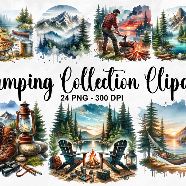 Imágenes prediseñadas de la colección de camping de acuarela, 24 imágenes prediseñadas de paisaje de montaña PNG, ilustraciones de camping, tienda de campaña, fogata, lago PNG, uso comercial