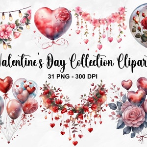 Aquarell Valentinstag Clipart, 31 PNG Valentinstag Pink & Rot Dekor, Valentinstag Clipart Bundle, rote Rosen, rosa Rose, kommerzielle Nutzung