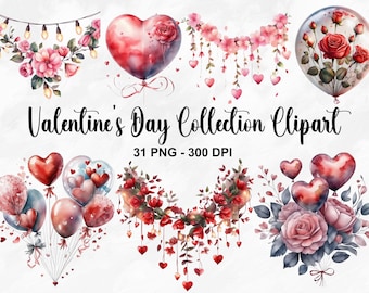 Imágenes prediseñadas del Día de San Valentín de acuarela, 31 PNG Decoración rosa y roja del Día de San Valentín, Paquete de imágenes prediseñadas de San Valentín, Rosas rojas, Rosa rosa, Uso comercial
