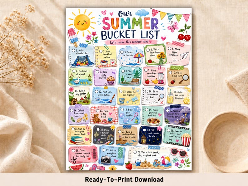 May include: A colorful printable summer bucket list poster featuring the text Our Summer Bucket List and twenty-eight numbered activity boxes. The design includes illustrations of a sun, popsicle, cherries, and various summer-themed icons.