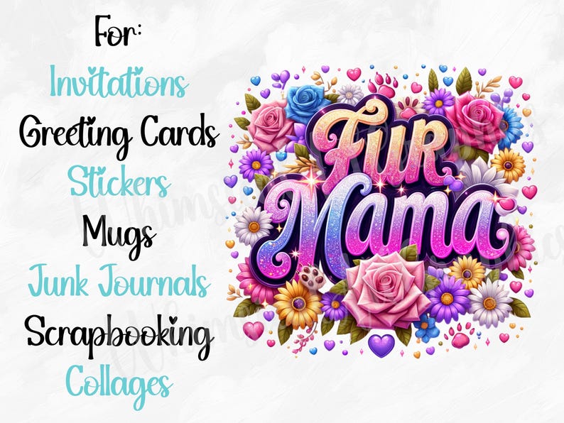 May include: A colorful digital design with the words "Fur Mama" in a gradient font, surrounded by flowers, hearts, and paw prints. Text on the left lists uses: Invitations, Greeting Cards, Stickers, Mugs, Junk Journals, Scrapbooking, and Collages.