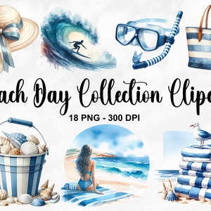 Acquerello Beach Day Collection Clipart, 18 PNG Beach Clipart, Clipart estivo, Clipart oceano, Grafica estiva, Clipart di viaggio, Uso commerciale
