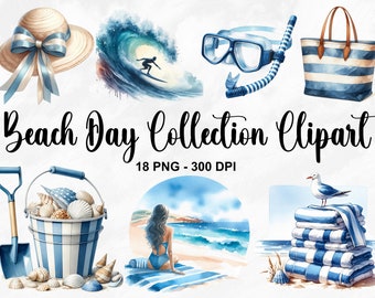 Watercolor Beach Day Collection Clipart, 18 PNG Beach Clipart, Summer Clipart, Ocean Clipart, Summer Graphic, Travel Clipart, Commercial Use