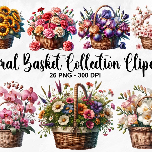 Watercolor Floral Basket Collection Clipart, 26 PNG Floral Clipart, Basket With Flowers Clipart, Flower Basket Clipart, Commercial Use