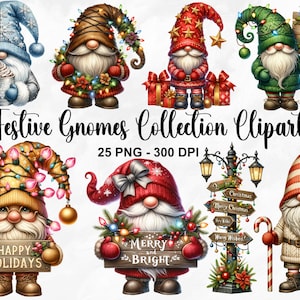 Aquarelle festif gnomes Collection Clipart, 25 PNG Noël gnomes Clipart, clipart fantaisie, vacances d'hiver, gnomes PNG, usage Commercial