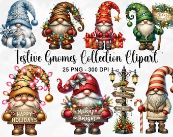 Collezione di gnomi festivi ad acquerello Clipart, 25 PNG Clipart di gnomi di Natale, Clipart fantasy, Vacanze invernali, Gnomi PNG, Uso commerciale