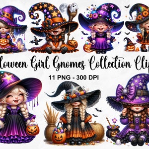 水彩ハロウィーン ガール ノーム コレクション クリップアート、11 PNG ハロウィーン クリップアート、ハロウィーン ノーム、魔女ガール ノーム、ノーム PNG、商用利用