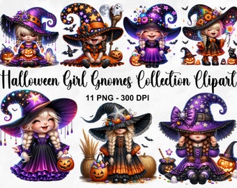 May include: A collection of 11 digital clipart images featuring Halloween girl gnomes. Each gnome is dressed in a purple and black witch costume with a pointed hat, and has a different expression and pose. The gnomes are holding various Halloween-themed items, such as pumpkins, sweets, and a wand.