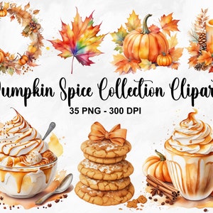 Aquarelle citrouille épices Collection 35 PNG, Clipart de friandises sucrées, clipart citrouille épicée Latte, gourmandises des vacances d'automne, usage Commercial