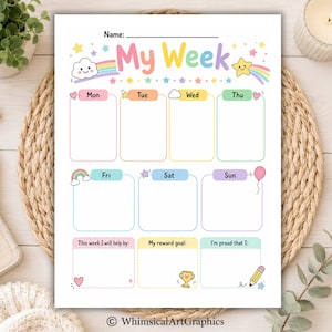 May include: A white weekly planner sheet titled My Week with pastel-colored headers for each day of the week. The layout includes seven rectangular boxes for daily tasks, plus three additional sections for goals and achievements with cute icons.